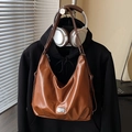 Brown oil-wax leather hobo shoulder bag with large capacity and metallic logo plate - Brown No Pendant