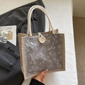 Mini jute tote bag with grey butterfly pattern and woven rope handle for women - Gray