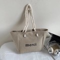 Bolso tote de lino beige con estampado merci y asas de cuerda blanca para uso diario - Alfabeto