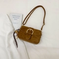 Brown faux suede crossbody bag with gold round buckle and baseball glove charm - Brown With Baseball Charm