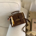 Brown leopard print crossbody bag in frosted suede with gold rivets and bead charm - Coffee With Bead Charm
