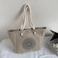 Linen tote bag with black mandala print and sturdy cream cotton rope handles - Round