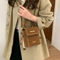 Brown leopard print crossbody box bag with metal rivets and wooden bead charm - With Beaded Pendant / Brown