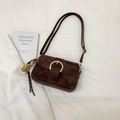 Dark brown faux suede shoulder bag with golden horseshoe buckle and baseball charm - Coffee With Baseball Pendant