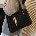 Black leopard print tote bag with beaded charm and stylish large capacity design - Black With Bead Charm