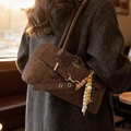 Chic brown leopard print crossbody bag with vintage wooden bead charm and metal buckle - Coffee With Beaded Charm