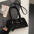 Chic black leopard embossed handbag with gold hardware and stylish shoulder strap - Black - Without Pendant