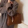 Large leopard print tote bag with brown leather straps and decorative wooden beads - Coffee With Beaded Charm