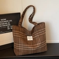 Brown plaid large capacity wool tote bag with vintage design for fall and winter style - Coffee - No Pendant