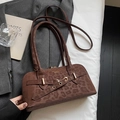 Deep brown leopard print faux suede shoulder bag with metal buckle and dual straps - Coffee - No Pendant