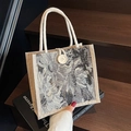 Borsa jacquard grigia con foglie, pannelli laterali in lino e bottone bianco decorativo - Grigio