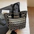 Canvas tote bag with black and white geometric ethnic print and wide black handles - Black