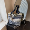Borsa tote in tela bianco sporco con motivi etnici blu navy e manici resistenti - Stile con cerniera / Blu / Grande