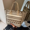 Böhmische Canvas-Tragetasche mit geometrischem Muster in Beige und Braun und Griffen - Khaki