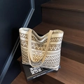 Borsa tote in tela con motivo etnico beige e marrone, ampi manici ed etichetta del marchio - Stile con cerniera / Cachi / Grande