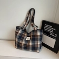 Large tote bag with vintage blue and orange plaid pattern and canvas texture - Black - Without Pendant