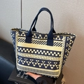 Blue and white geometric pattern canvas tote bag with triangles and checkerboard print - Blue