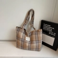 Brown check canvas tote bag with long shoulder straps for daily commuter styling - Khaki - Without Pendant