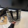 Borsa tote in tela bianca e nera con motivi geometrici e grande capacità interna - Apertura superiore / Nero / Piccolo