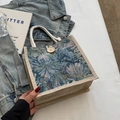Borsa a mano vintage in jacquard floreale con base in lino e manici in corda di cotone - Blu