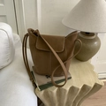Caramel brown bucket bag with white contrast stitching and adjustable strap - Brown No Pendant