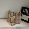 Brown and white plaid tote bag with dual shoulder straps in a minimalist studio setting - Grey without Pendant