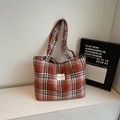 Retro red and black plaid tote bag with minimalist white brand label and canvas texture - Orange (No Pendant)