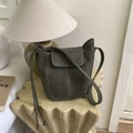 Dark gray bucket bag with contrast white stitching and sleek matte leather finish - Green Without Pendant