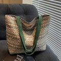 Große Canvas-Einkaufstasche im Ethno-Stil mit geometrischen Mustern und grünen Griffen - Groß / Reißverschluss-Stil / Grün