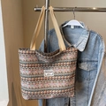 Ethnische Boho-Tragetasche mit bunten geometrischen Mustern und gewebten Griffen - Groß / Gefüttert Mit Reißverschluss Ohne Innentasche / Khaki