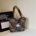 Bolso tote bordado de estilo étnico con motivos florales y correas marrones - Grande / Café Grande (Cremallera)