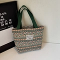 Ethnic style woven canvas tote bag with colorful geometric patterns and green handles - Small / Open Top / Green