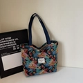 Bolso tote grande de estilo étnico con estampados florales vintage y asas azul marino - Grande / Azul Oscuro Grande (Cremallera)