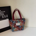 Ethnic style large jacquard tote bag with colorful floral patterns and red straps - Burgundy Small (Open)
