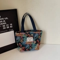 Ethnic jacquard tote bag with tropical flower pattern and navy blue strap handles - Dark Blue Small (Open)