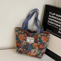 Grand sac cabas rétro en jacquard floral bleu marine avec motifs tissés et doubles anses - Bleu Petit