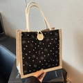 Linen and black corduroy tote bag with Sweet Candy print and rope handles - Black
