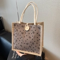 Beige linen lunch tote bag with corduroy panel featuring heart and bow patterns - Gray