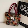 Sac fourre-tout vintage en toile à fleurs avec bandoulière bordeaux et texture tissée - Rouge Vin Petit