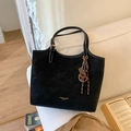 Large capacity matte black suede tote bag with shoulder straps and gold lettering - Black (With Pendant)