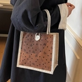 Linen lunch tote bag with brown vertical stripes and heart butterfly prints - Brown
