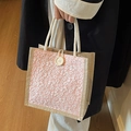 Rosa Leinen Lunchbag mit weißen Blumenstickereien und Jute-Handgriffen für Damen - Rosa
