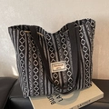 Ethnic style black and white geometric pattern tote bag with wide shoulder strap - Zipper Style / Black / Large