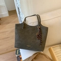 Large dark grey faux leather tote bag with white contrast stitching and gold logo detail - Green (With Pendant)