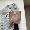 Pink linen lunch tote with floral embroidery and woven rope handles - Khaki