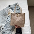 Linen bento bag with white lace embroidery and thick cotton rope handles - Apricot