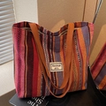 Ethnic striped canvas tote bag with multi-color pattern and broad brown shoulder strap - Zipper Style / Brown / Large