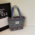Retro ethnic woven canvas tote bag with colorful geometric patterns and blue handles - Blue Small (Open)