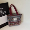 Ethnic style large capacity canvas tote bag with retro woven patterns and red handles - Wine Red Small (Open)