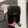 Fashionable black leopard print crossbody phone bag with gold metal pendant and strap - Black - Without Pendant